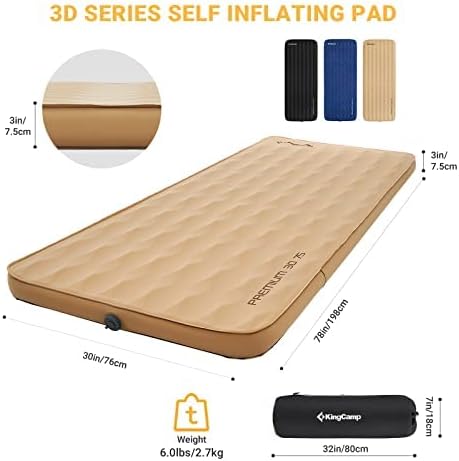 KingCamp Camping Sleeping Pad Self Inflating Air Mattress Ultra Thick Foam Pad with Premium 3D Sides 9.5 R-Value Comfort Warm Air Sleeping Portable Mat, Single-Khaki
