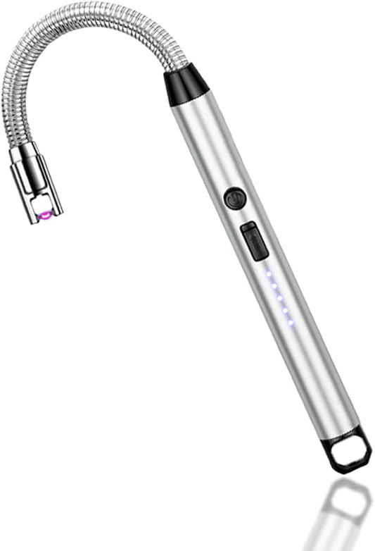 Candle Lighter Electric Lighter Rechargeable Arc Lighter with LED Battery Display360° Flexible Neck Flameless Grill Long Lighters for Light Candles Gas Stoves Camping Barbecue. (Silver)