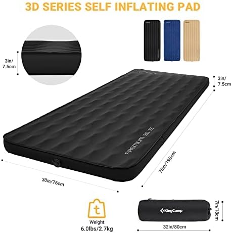 KingCamp Self Inflating Sleeping Pad for Camping Ultra Thick Double Single Foam Mattress High R Value Camping Air Pad Mat, Multi Colors & Sizes (78"x30"x3.0", Black-Single-9.5R)