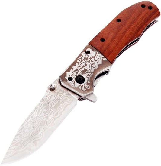 Pocket Folding Knife with 3.5”Stainless Steel blade and wood handle -Folding hunting camping Knife with liner-lock and pocket clip