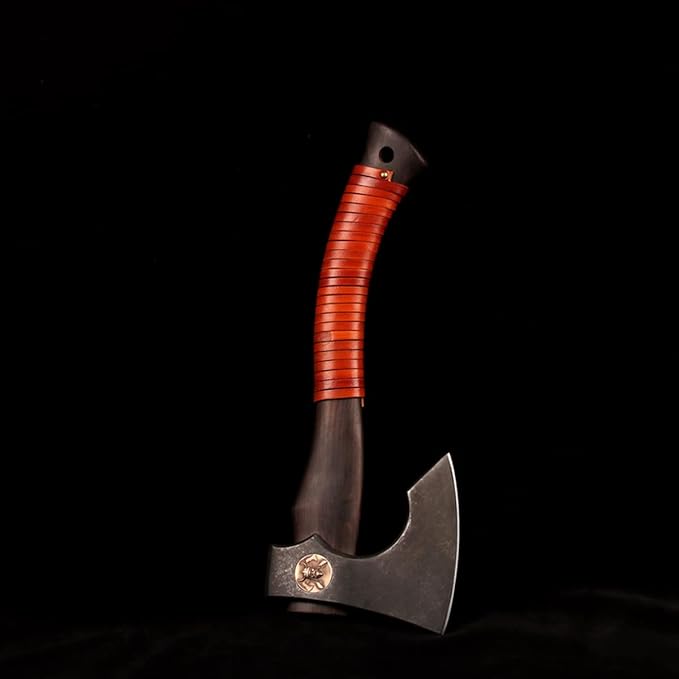 Hand Forged DC53 Steel Viking Axe with Sheath Ebony Wood Handle Camping Hatchet Throwing Axe Splitting Hatchet