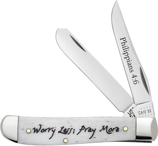 Case XX WR Pocket Knife Mini Trapper Worry Less, Pray More Natural Smooth Bone Item #60869 - (6207 SS) - Length Closed: 3 1/2 Inches Closed