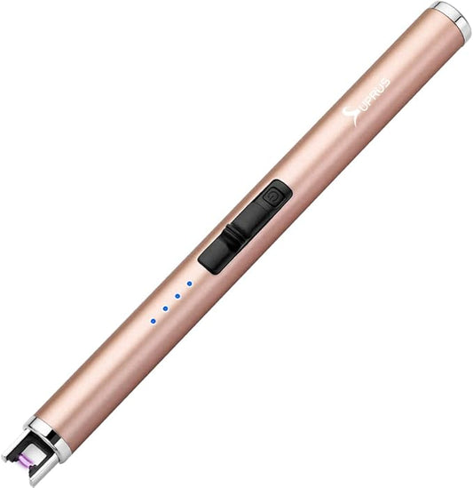 SUPRUS Lighter Electric Candle Lighter USB Type C Rechargeable Lighter with Upgraded LED Battery Display Safety Switch Flameless Plasma Windproof for Candle Cooking BBQs Fireworks (Champagne Gold)
