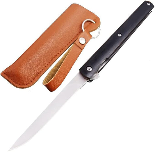 Pocket Folding Knife with 3.8”Stainless Steel blade and wood Handle with liner-lock and sheath (black)