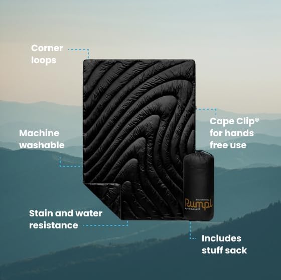 Rumpl Original Puffy Blanket - Warm Puffy Camping Blanket, 100% Recycled Polyester Insulation, Lightweight, Packable, Water-Resistant, Outdoor Puffer Blanket, 52"x75", Black