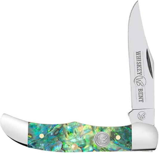 WHISKEY BENT HAT CO. Mini Hunter Folding Pocket Knife 2.75" Closed Length 440C Stainless Steel Blade (Green Abalone)