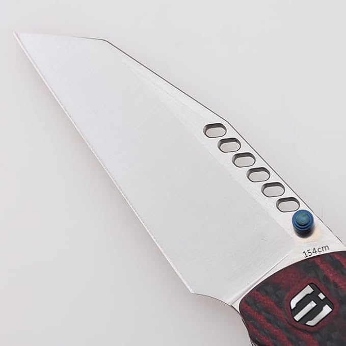 Cyberdashi Folding Knife 154CM Steel 3" Satin Finish Tanto Sheepsfoot Blade G10 and Carbon Fiber Ergonomic Handle Pocket Knife with Titanium Blue Pocket Clip & Thumb Stud