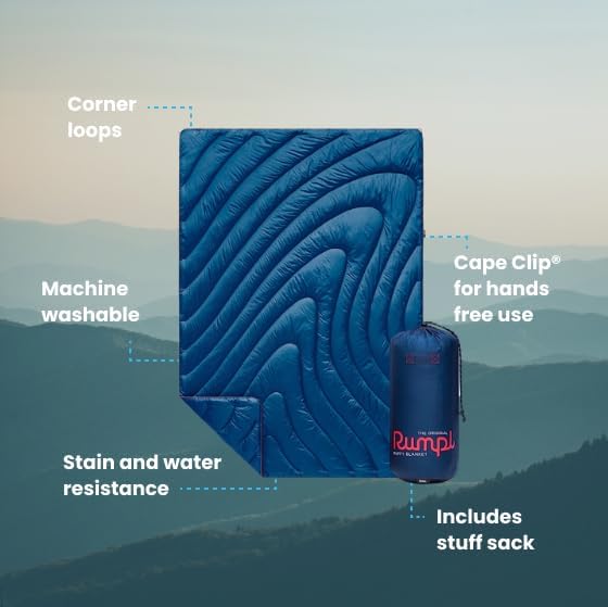 Rumpl Original Puffy Blanket - Warm Puffy Camping Blanket, 100% Recycled Polyester Insulation, Lightweight, Packable, Water-Resistant, Outdoor Puffer Blanket, 52"x75", Deepwater