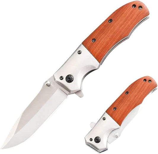 Pocket Folding Knife with 3.5”Stainless Steel blade and wood handle -Folding hunting camping Knife with liner-lock and pocket clip