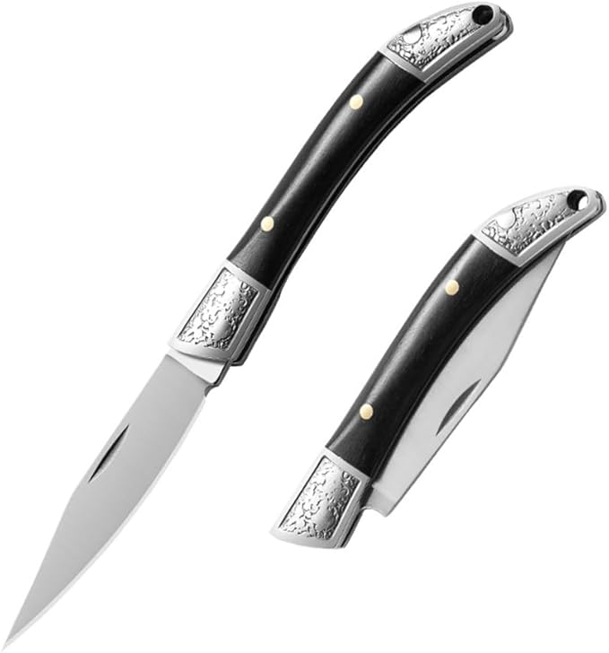 Lightweight Mini Folding Pocket Knife Carving Wooden Handle V Steel Blade Outdoors Camping Hunting Folding Knives Portable Keychain Gift for Men Women, Black