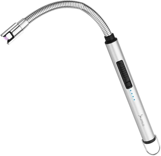 SUPRUS Electric Lighter Candle Lighter USB Type C Rechargeable Lighter Steel Shell & Hanging Hook with 360° Flexible Neck(Silver)