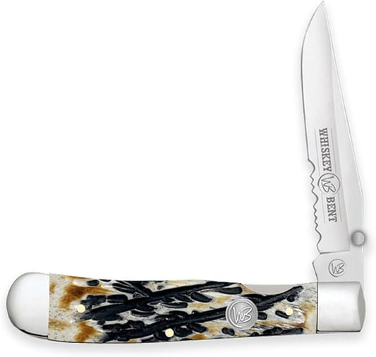 WHISKEY BENT HAT CO. Locking Trapper Folding Pocket Knife 4.125" Closed Length 440C Stainless Steel Blades (Carved Burnt Bone - Serrated)