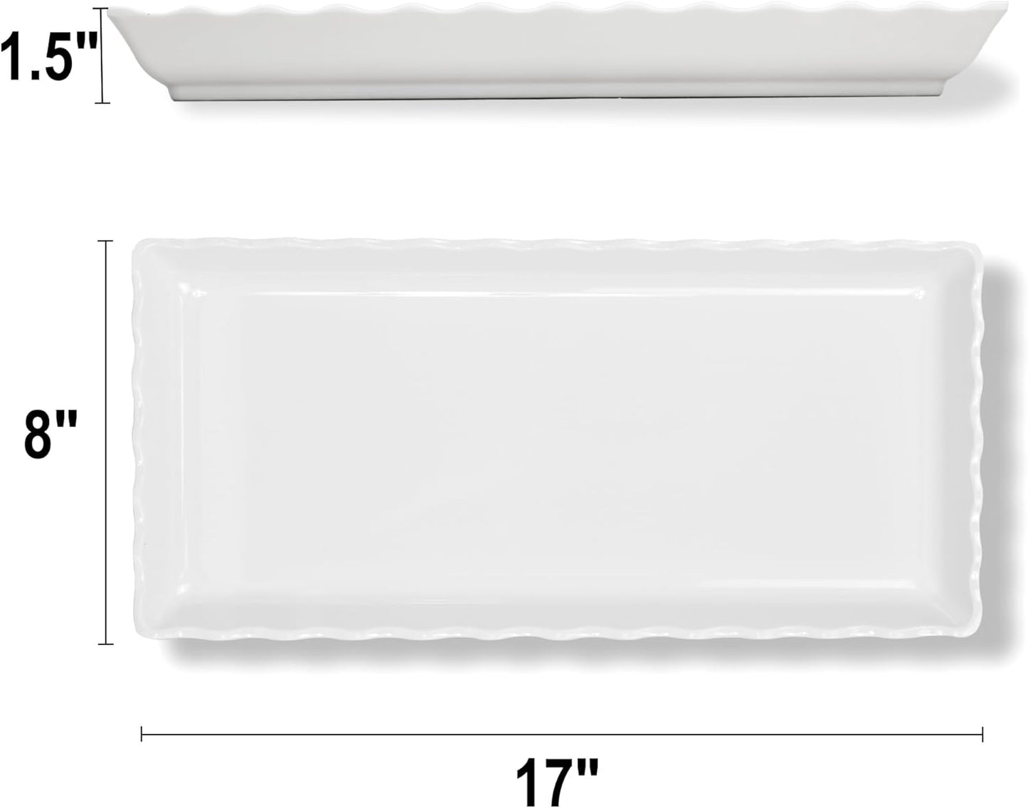 KAQAHIDO 17" x 8" x 1.5" White Serving Tray Set, Wave Edge Melamine Platters for Cookie, Appetizer, Charcuterie, Snack, Dessert, Party Food Display, Stackable, Set of 2