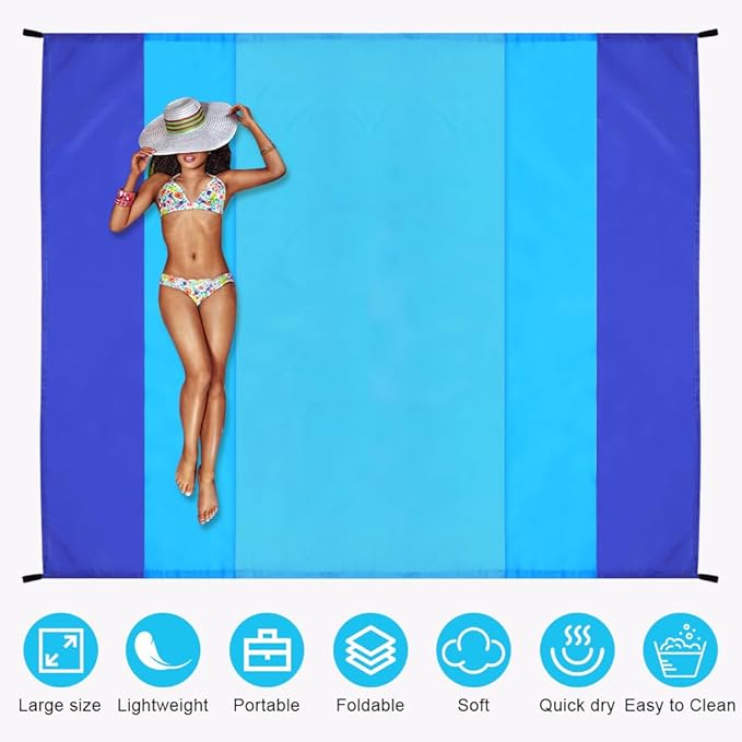 Ainiv Beach Blanket Beach Mat, Sandproof Waterproof Beach Mat, Extra Large 82 * 79 in (5-7 People) Picnic Blanket with 1 Storage Bag, 1 Carabiner & 4 Fixed Nails for Beach, Camping, Hiking, Picnic
