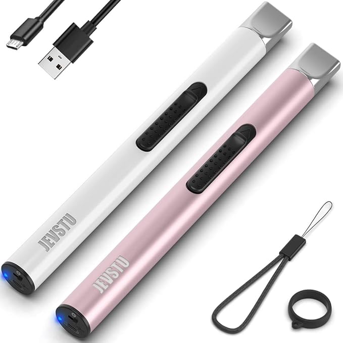 Candle Lighter, Electric Lighter Rechargeable USB Lighter, Arc Windproof Flameless Plasma Lighter Long Stick, No Butane Fluid, Perfect for Candle BBQ Camping Kitchen Stove, Pink and White