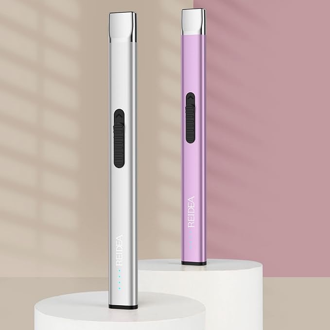 REIDEA Lighter R1 Flat Electronic Candle Lighter, Windproof Flameless USB Rechargeable Arc Lighter with Safe Button and Power Indicator for Candle, BBQ and Fireworks, Silver