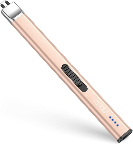 REIDEA Electric Lighter Candle Lighter, Retractable Top Windproof Flameless USB Rechargeable Arc Lighter with Safe Button and Power Indicator for Candle, BBQ and Fireworks, R1 Flat, Champagne Gold
