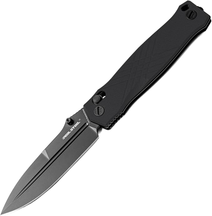 Real Steel Muninn Slide Lock Folding Pocket Knife - 3.62" VG-10 Black Blade, Milled Black G10 Handle - Perfect for Camping, Hiking, Daily Cutting Tasks - EDC Knife for Men Women - Black