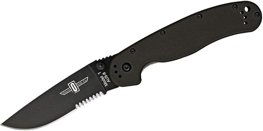 Ontario Knife Co. 8847 Rat-1 Black Coated AUS-8 Stainless Steel 3.6 in Serrated Edge Blade Nylon Handle 4-Position Reversible Clip Folding Knife for Outdoor, Tactical, Survival & EDC (Black)
