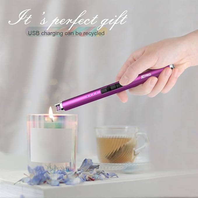 USB Rechargeable Candle Lighter Electronic Arc Lighter Windproof Flameless with Safety Button for Camping Cooking BBQ (Purple)