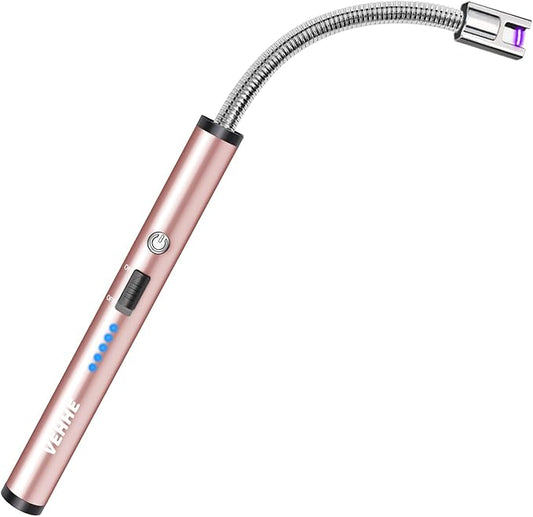 VEHHE Electric Candle Lighter, USB Rechargeable Lighters with Safety Button Lock, Flexible Neck ARC Long Lighter with LED Battery Display Windproof for Grilling Cooking Camping