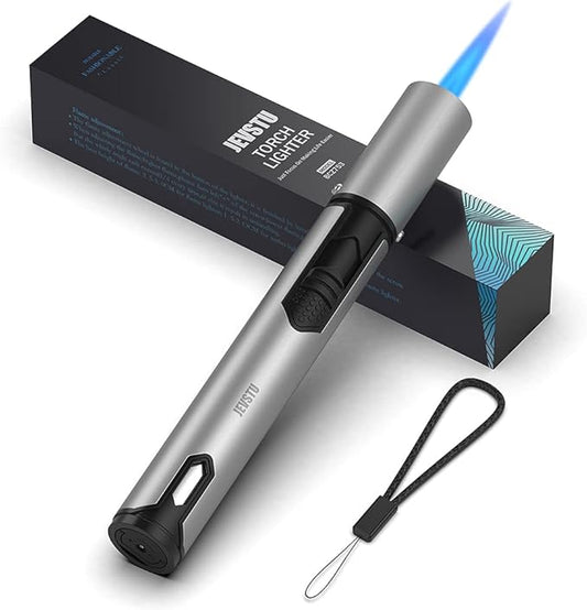 Torch Lighter, Butane Lighter 6.0in Long with Fuel Level Window, Windproof Pen Lighter Adjustable Jet Flame for Grill Candle Kitchen Fireplace Camping BBQ, Men Gifts, Silver. (Gas not Included)