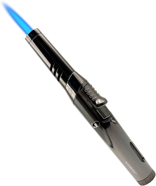 JOBON Torch Lighter, Adjustable Rotatable Lockable Jet Flame Refillable Long Pen Lighter with Gas Window for Candle Grill Baking Camping (Butane Not Included) (Black-Ice)