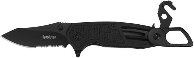 Kershaw Funxion EMT (8100); Multifunction Folding Pocketknife; 3 inch Partially Serrated Stainless Steel Blade; Carabiner Clip, Cord Cutter, Screwdriver Tip, Hex Wrench, Glassbreaker Tip , Black