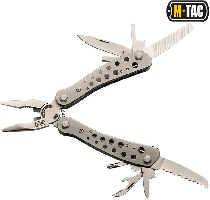 M-Tac Type 1 Multitool Screwdriver with 9 bits - 11-in-1 Stainless Steel Utility Tools with Knife Saw Pliers - EDC Outdoor Multi Tool in Nylon Case (Gray)