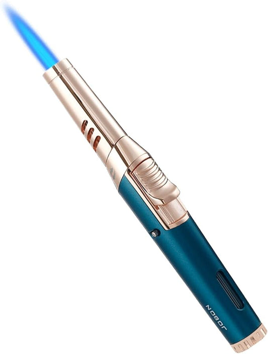 JOBON Torch Lighter, Adjustable Rotatable Lockable Jet Flame Refillable Long Pen Lighter with Gas Window for Candle Grill Baking Camping (Butane Not Included) (Dark Green)