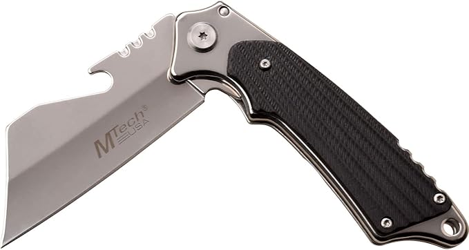 MTECH USA - Spring Assisted Folding Knife - Mirror Polished Stainless Steel Blade w/Bottle Opener, Stainless Steel Handle w/Black G10 Scales, Pocket Clip, Liner Lock - EDC – MT-A1186MR, Multi