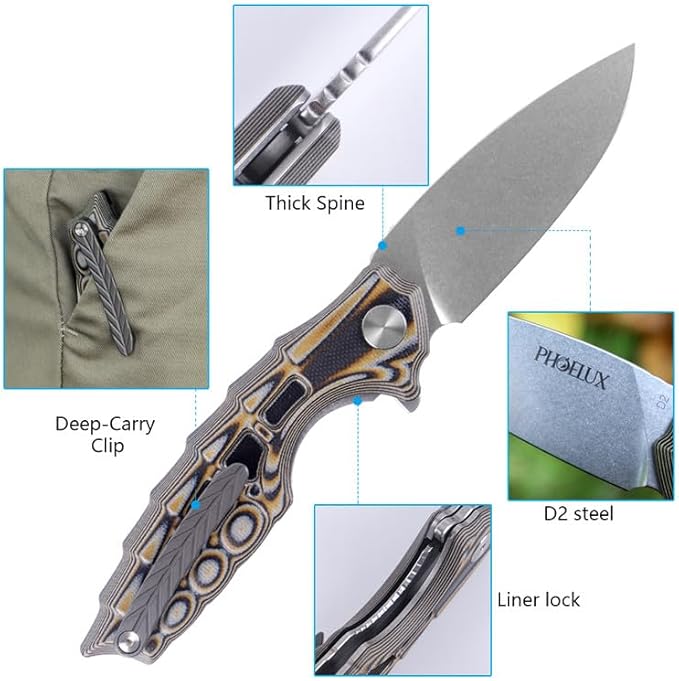 7.51" Pocket Folding Knife- D2 Blade and G10 Handle(Orange Feather Pattern) EDC Knife with Pocket Clip, Liner Lock and Waterproof Box, Good for Survival Camping, Outdoor, Hiking, Hunting