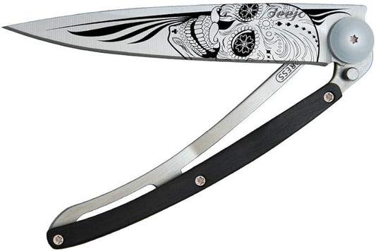 deejo - Ultra-lightweight folding pocket knife with clip belt - Ebony version 1.3 oz - Thin blade and sharp - Latino Skull Design - Steel stainless steel - Elegant and modern design
