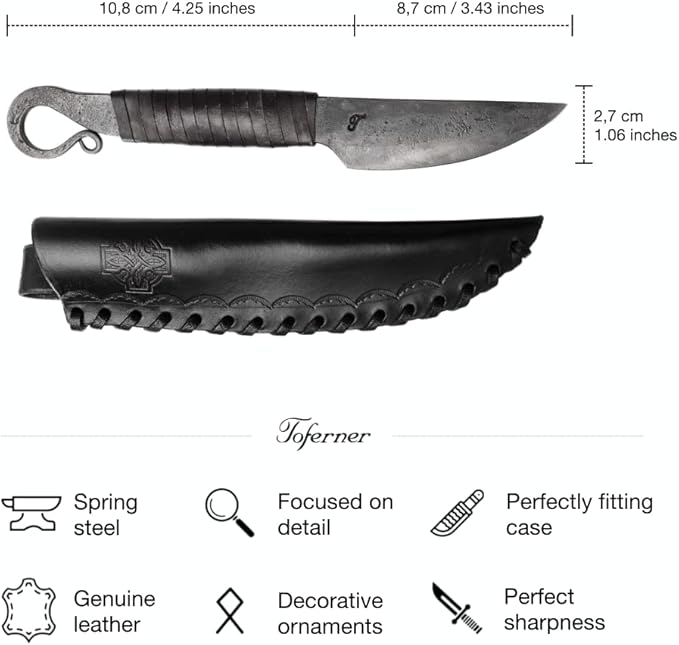 Toferner Hand Forged Knife Volute with Sheath, Vintage Knife for Antique Collection, Genuine Leather Case, Hardened Blade, Hand Made Craft, Gift Idea for Men (Black)