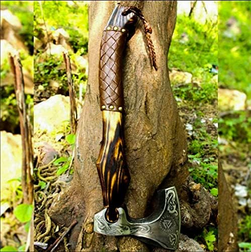 R&S Industries Custom Gift Forged Carbon Steel Viking Axe with Rose Wood Shaft, Viking Bearded Camping Axe, Best Birthday for Him