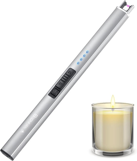 Boonfire Candle Lighter, Electric Rechargeable Arc Lighter with LED Battery Display Portable USB Charging Flame-Less Windproof Lighters for Light Candles Gas Stoves Camping Barbecue(Silver)