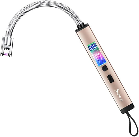 SUPRUS Electric Candle Lighter USB-C Rechargeable with Digital Battery Display Ambient Lighting Safety Switch 360° Flexible Neck Flameless Plasma Windproof Perfect for Candle BBQ Camping (Gold)