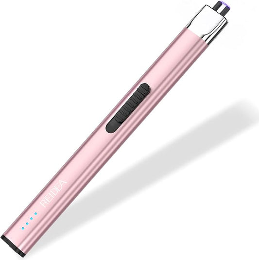 REIDEA Electric Lighter R1 Flat Candle Lighter, Windproof Flameless USB Rechargeable Arc Lighter with Safe Button and Power Indicator for Candle, BBQ and Fireworks, Rose Gold