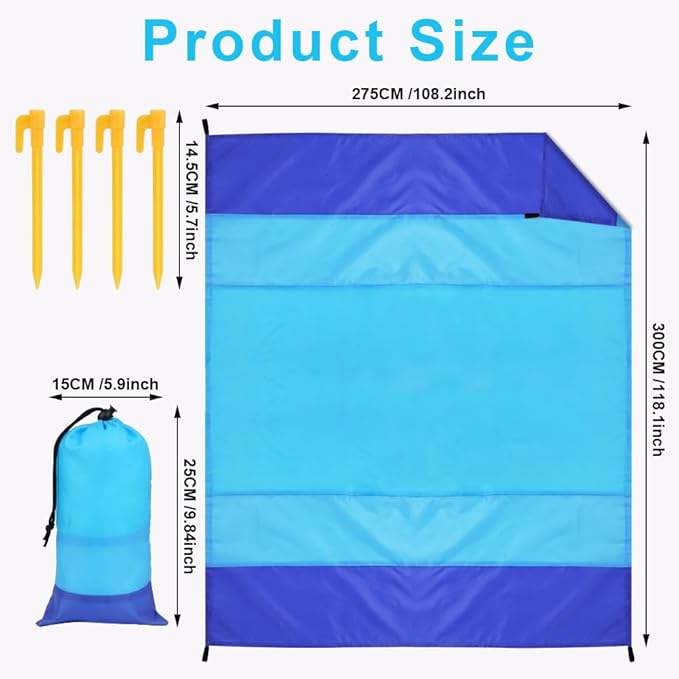 Ainiv Beach Blanket Beach Mat, Sandproof Waterproof Beach Mat, Extra Large 108 * 118 in (8-10People) Picnic Blanket with 1 Storage Bag, 1 Carabiner & 4 Fixed Nails for Beach, Camping, Hiking, Picnic