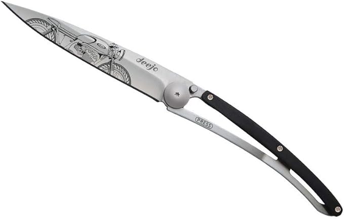 deejo - Ultra-light folding pocket knife with belt clip - 1.3 OZ Ebony version - Thin and sharp blade - Café Racer pattern - Stainless steel - Elegant and modern design