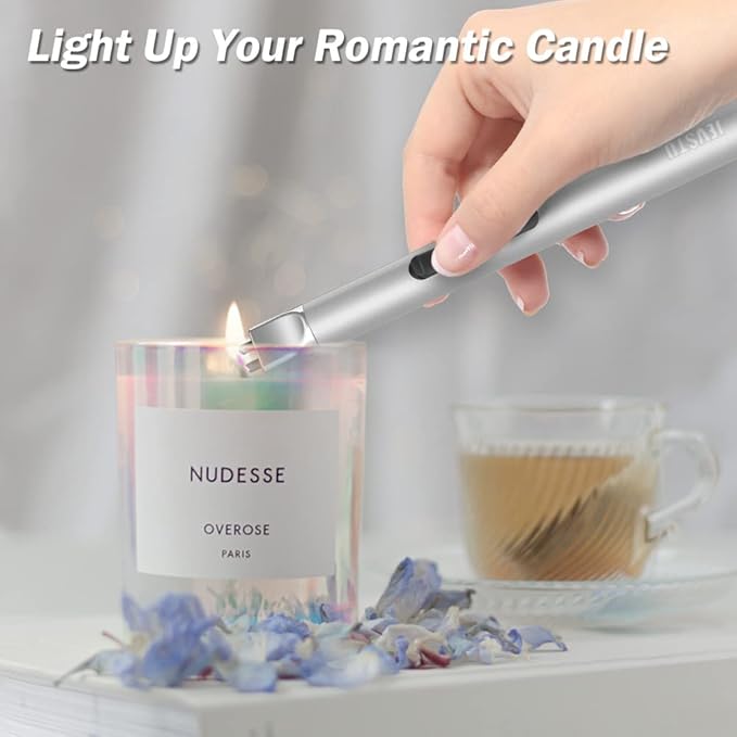 Candle Lighter, Electric Lighter Rechargeable USB Lighter, Arc Windproof Flameless Plasma Lighter Long Stick with Rope and Ring, No Butane Fluid, Perfect for Candle BBQ Camping Kitchen Stove, Silver