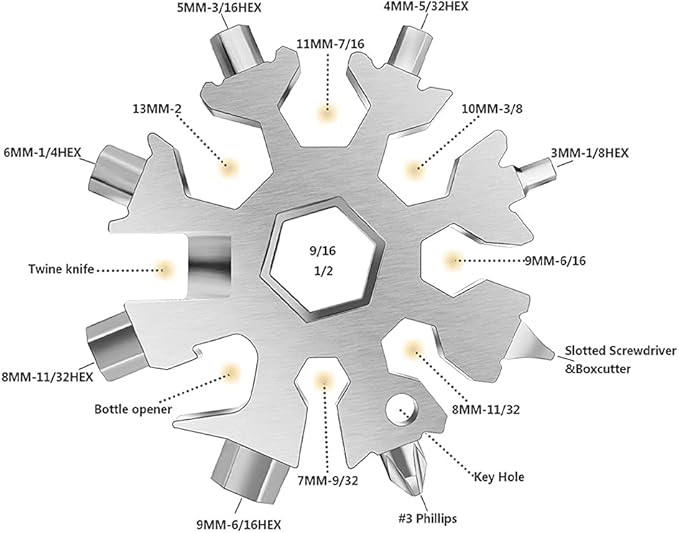 Snowflake Multi Wrench Tool，18-in-1 Keychain Multitool Pocket Tool Is Easy To Carry for Outdoor Camping And Christmas Snowflake (Silver)