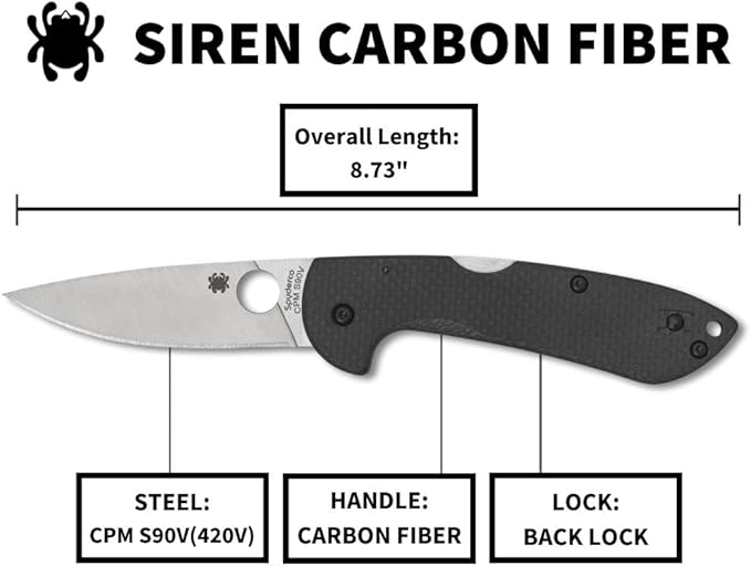 Spyderco Siren Carbon Fiber Folding Pocket Knife with 3.60 Inch Stainless Steel and Carbon Fiber Handle - PlainEdge - C247CFP