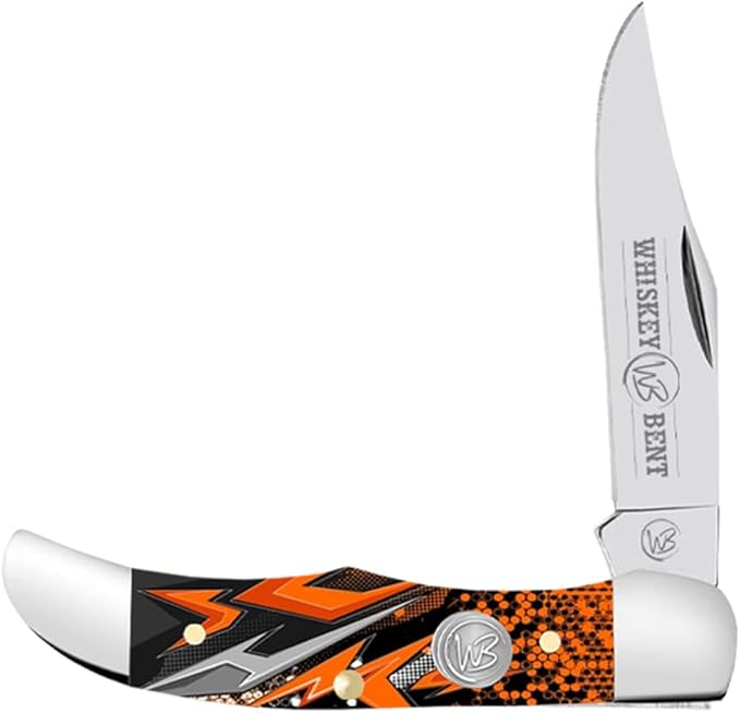 WHISKEY BENT HAT CO. Mini Hunter Folding Pocket Knife 2.75" Closed Length 440C Stainless Steel Blade (Orange Crush)