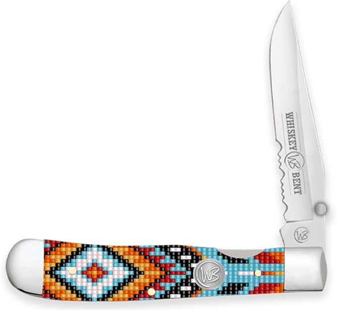 WHISKEY BENT HAT CO. Locking Trapper Folding Pocket Knife 4.125" Closed Length 440C Stainless Steel Blades (Wapi - Serrated)