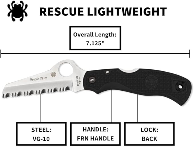 Spyderco Rescue Lightweight Knife with 3.12" VG-10 Steel Blade and Black FRN Handle - SpyderEdge - C45SBK