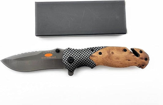 BST – Pack of 1 Small EDC Pocket Folding Knife - Titanium Coating Knife Blade, 440C Stainless Steel Knife with Plain Wood Handle