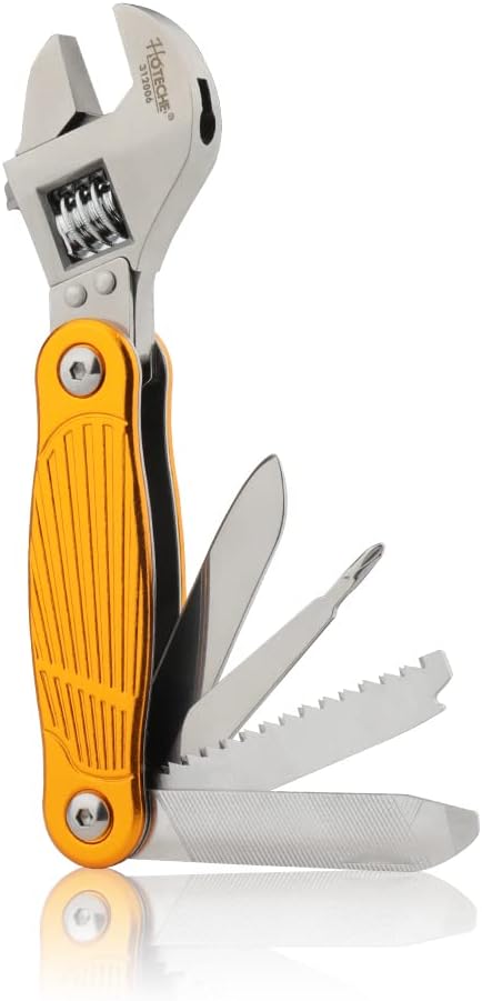 Hoteche MultiTool 7-in-1 Multi-Function Aluminum Handle Adjustable Wrench with Stainless Steel File, Saw, Screwdriver, Bottle Opener, Pocket Knife l for DIY, Outdoor and Household Repairs