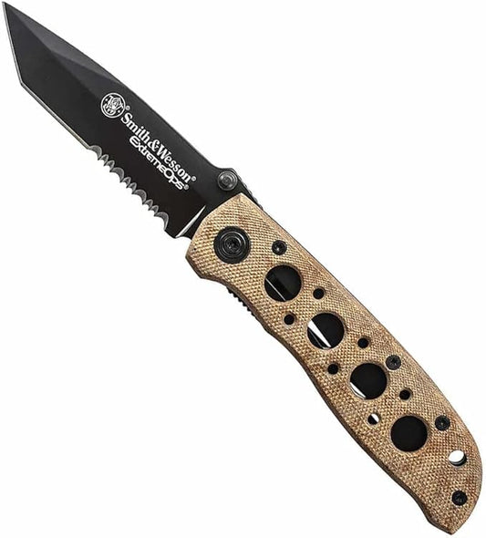 Smith & Wesson CK5TBSD 7.4in High Carbon S.S. Folding Knife with a 3.2in Serrated Tanto Blade and Aluminum Handle for Outdoor, Tactical, Survival and EDC