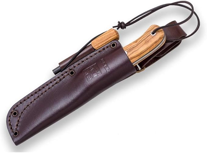 Joker Sports Hunting Knife Campero CO118-P, Blade 4.13 inches of Böhler K720 Carbon Steel, Olive Wood Handle, Brown Leather Sheath with Fire Starter, Tool for Fishing, Hunting, Camping and Hiking